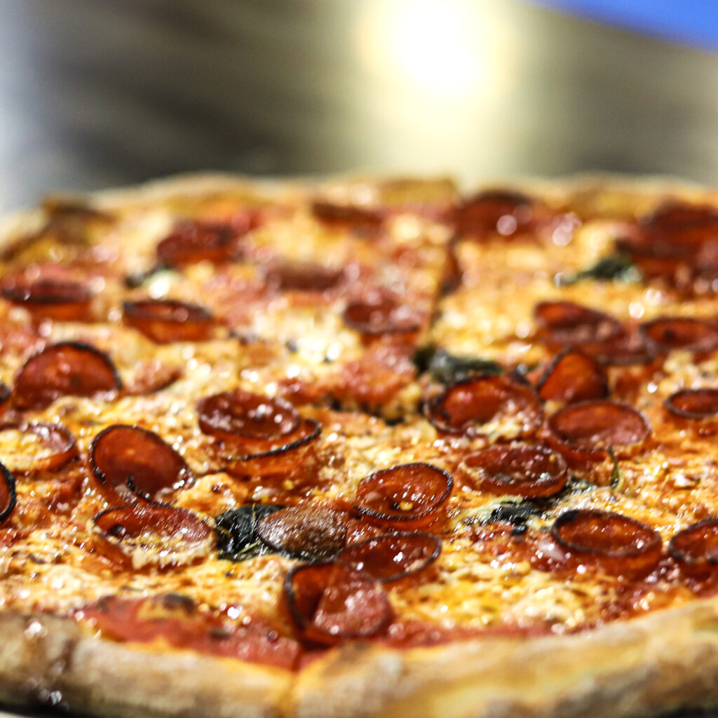 Close-up of a pepperoni pizza